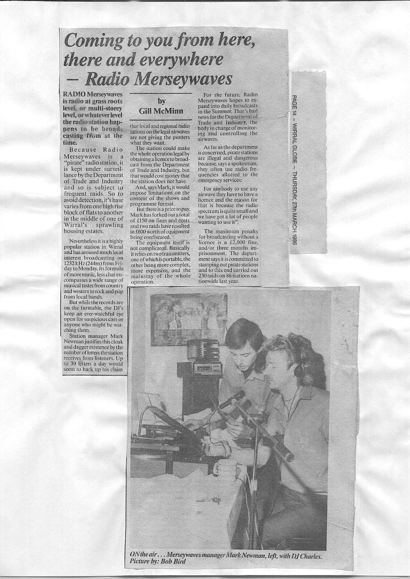 A newspaper article featuring Radio Merseywaves 1242 Khz